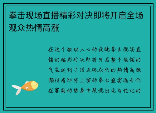 拳击现场直播精彩对决即将开启全场观众热情高涨