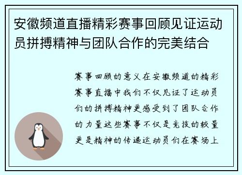安徽频道直播精彩赛事回顾见证运动员拼搏精神与团队合作的完美结合
