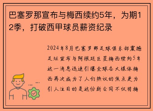 巴塞罗那宣布与梅西续约5年，为期12季，打破西甲球员薪资纪录